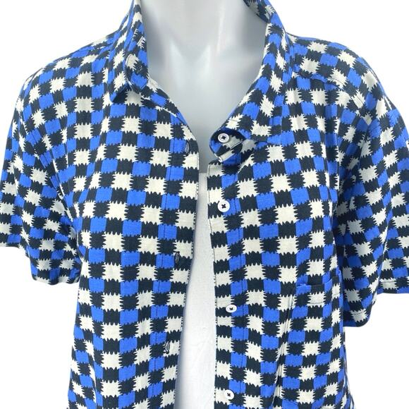 Solid & Striped Blue Gingham Check Short Sleeve Button Up Cabana Shirt Top XL - Picture 4 of 6